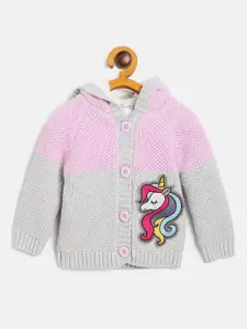 JWAAQ Girls Pink & Grey Colourblocked Pullover with Applique Detail