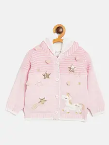 JWAAQ Girls Pink & White Embroidered Front-Open Pure Cotton Sweater