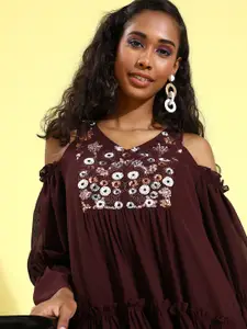 Miss Chase Women Charming Maroon Embellished Dress