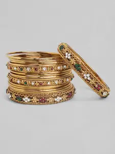 Anouk Set Of 16 Gold-Plated White & Green Stone-Studded Handcrafted Bangles