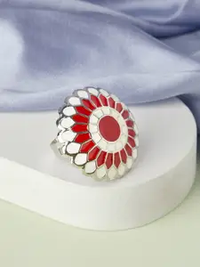 Anouk Silver-Plated Red & White Enamelled Handcrafted Adjustable Finger Ring