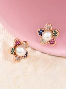 AMI Rose Gold-Plated & Pink Floral Studs