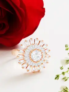 AMI Rose -Gold-Toned & White Rose Gold Plated CZ-Studded Adjustable Finger Ring