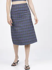 CHIC BY TOKYO TALKIES Women Blue  Black Checked A-Line Midi Skirt