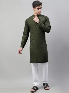 Jompers Men Olive Green Thread Work Kurta