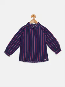 Nins Moda Navy Blue & Coral Striped Shirt Style Top