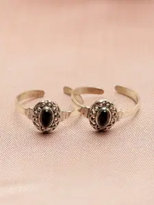 GIVA 925 Sterling Silver Set Of 2 Oxidized Silver-Toned Black CZ-Studded Adjustable Toe Rings