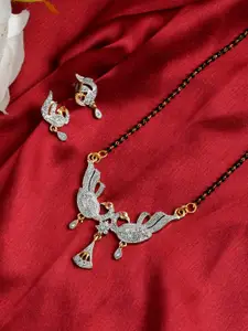 Silvermerc Designs Gold-Plated Black & White AD-Studded & Beaded Mangalsutra With Earrings