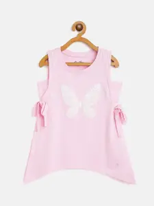 Gini and Jony Girls Pink & White Butterfly Print Regular Cotton Top with Tie-Ups