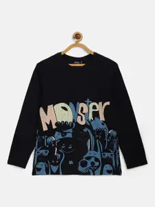 Gini and Jony Boys Navy Blue & Peach-Coloured Conversational Print Cotton T-shirt