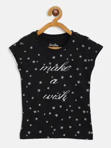Gini and Jony Girls Black & Grey Typography & Star Print Round Neck T-shirt
