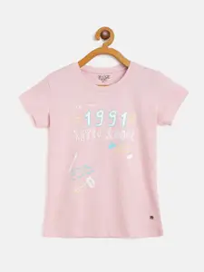Gini and Jony Girls Pink  Blue Pure Cotton Typography Printed Pure Cotton T-shirt
