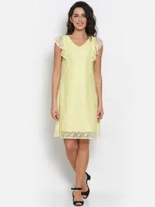 MARC LOUIS Yellow Self Design V-neck Lace A-Line Dress