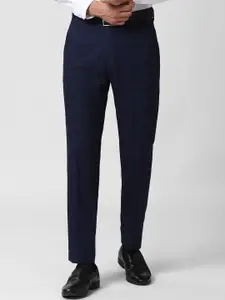 Peter England Elite Men Navy Blue & White Checked Slim Fit Formal Trousers