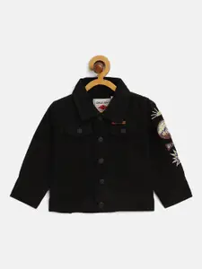 Gini and Jony Boys Black Solid Cotton Denim Jacket with Applique Detail