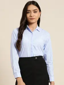 Hancock Women Blue & White Slim Fit Opaque Striped Cotton Formal Shirt
