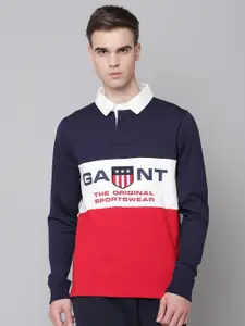GANT Men Red & Navy Blue Printed Colourblocked Polo Collar T-shirt