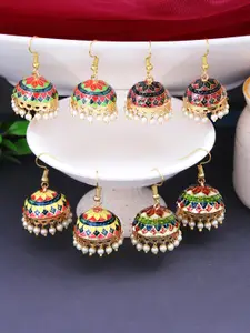 Yellow Chimes Set of 4 Golden Meenakari Jhumka Earrings