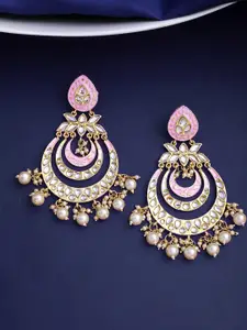 Yellow Chimes Pink Gold-Plated Pearls Studded Meenakari Chandbalis Earrings
