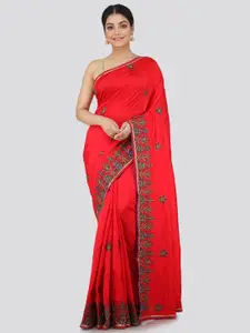PinkLoom Red Floral Embroidered Pure Silk Saree