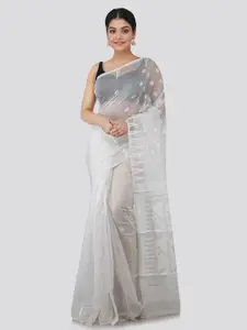 PinkLoom White & Gold-Toned Woven Design Pure Cotton Jamdani Sustainable Saree