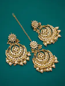 aadita Women Gold-Toned Ruby and Pearls Maang Tikka with Earrings