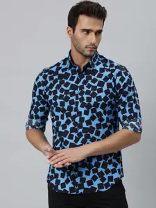 RARE RABBIT Men Blue & Black Slim Fit Opaque Geometric Printed Cotton Casual Shirt