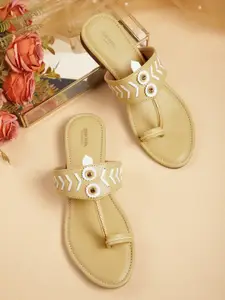 Anouk Women Yellow & White Woven Design Handmade One Toe Flats