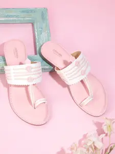 Anouk Women White & Pink Woven Design Handmade One Toe Flats