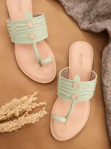 Anouk Women Mint Green & White Woven Design One Toe Flats