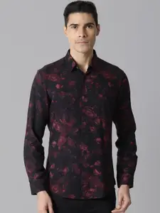 RARE RABBIT Men Black & Maroon Slim Fit Opaque Floral Printed Casual Shirt