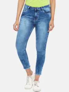 People Women Blue Tapered Fit Heavy Fade Stretchable Jeans