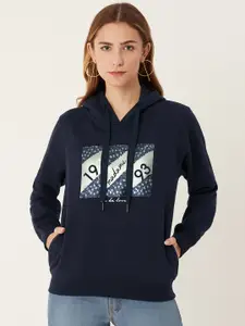 Madame Women Navy Blue Brand Logo Printed Hooded Sweatshirt with Sequinned Detail