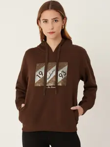 Madame Women Coffee Brown Brand Logo Printed Hooded Sweatshirt with Sequins