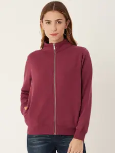 Madame Women Wine-Coloured Solid Front-Open Sweatshirt