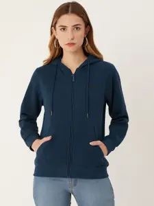 Madame Women Navy Printed Back Hooded Sweatshirt