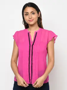 Purple State Pink Georgette Flared Sleeves Pin-Tuck Regular Top