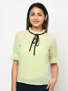 Purple State Lime Green Tie-Up Neck Georgette Top