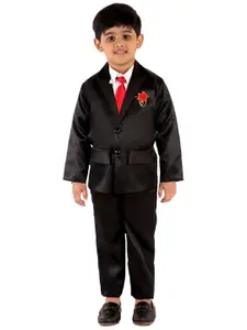 FOURFOLDS Boys Black & Red 4 Piece Coat Suit