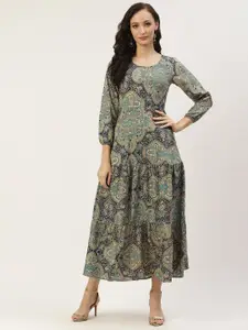 Deewa Women Off-White & Green Ethnic Motifs Print Tiered A-Line Midi Dress