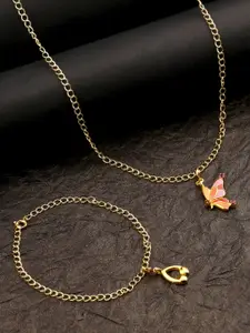 Voylla Womens Gold-Plated Bird Enameled Charms Pendant With Chain and Bracelets