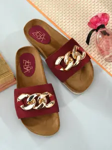 Zebba Women Maroon Textured Open Toe Flats