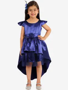 YK Girls Blue Solid High- Low Round Neck Fit & Flare Party Dress