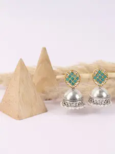 SANGEETA BOOCHRA Silver-Toned & Green Gold-Plated Pearls Dome Shaped Jhumkas Earrings