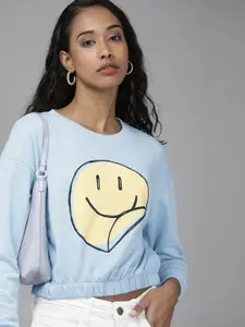ONLY Women Light Blue Graphic Printed Pure Cotton Crop Pullover Sweatshirt