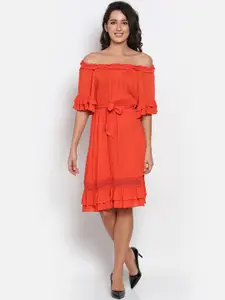 MARC LOUIS Orange Off-Shoulder Crepe A-Line Dress