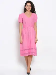 MARC LOUIS Women Pink Floral Embroidered Cotton Midi Dress