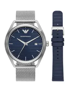 Emporio Armani Men Blue Dial & Silver Toned Stainless Steel Textured Straps Analogue Watch