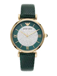 Emporio Armani Women Multicoloured Embellished Dial & Green Leather Straps Analogue Watch AR11403