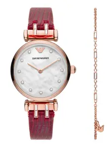 Emporio Armani Women Cream-Coloured Embellished Dial & Red Leather Textured Straps Analogue Watch